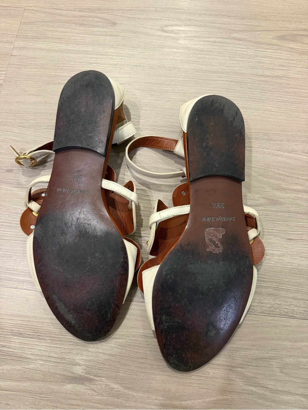 See By Chloe White Floral Leather Ankle-Strap Sandals with Gold Accents - Picture 3 of 11